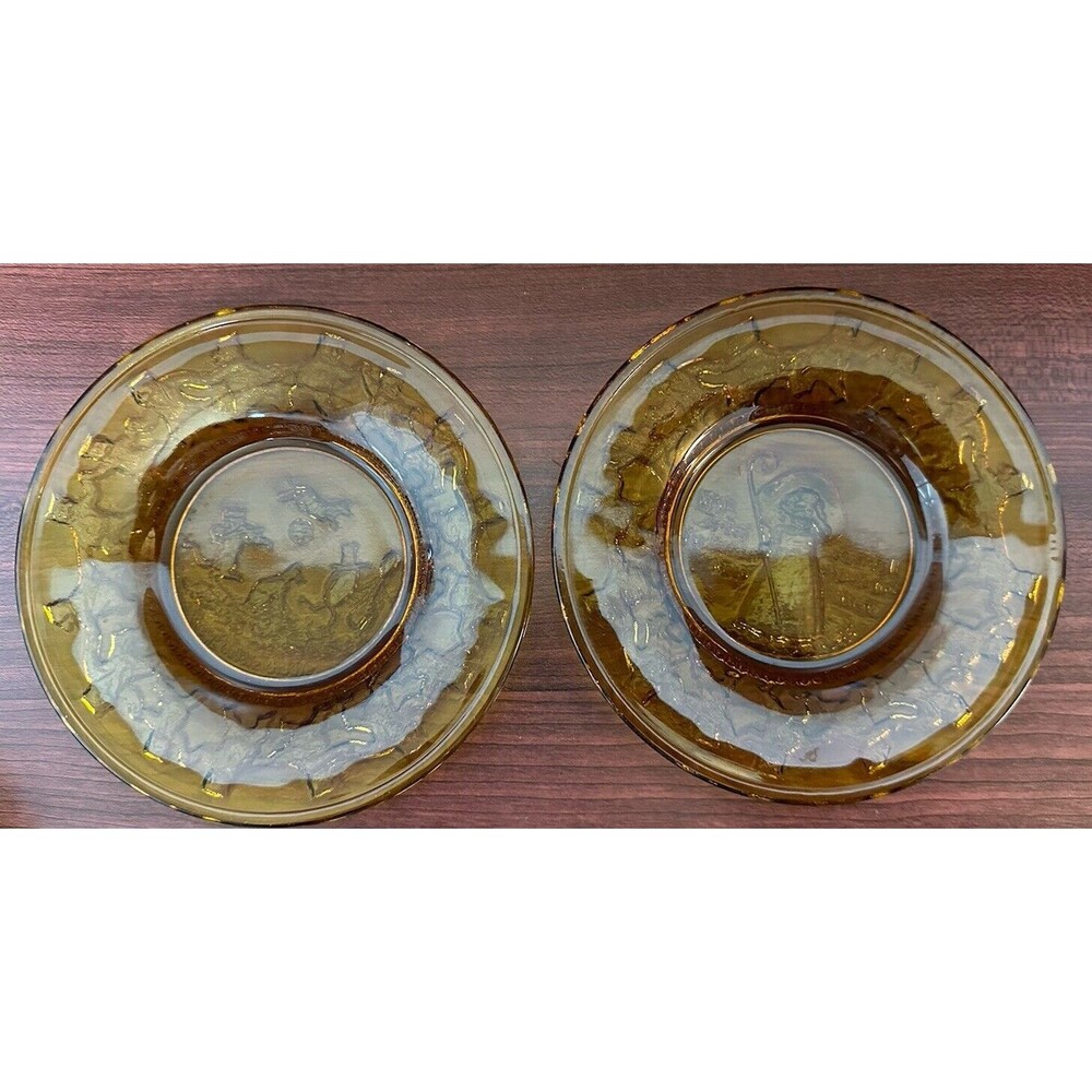 2 Vintage Tiara Glass Children's Plates Nursery Rhymes Amber Honey Gold 6.5"